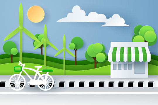 Paper art and digital craft style of nature landscape with bicycle, convenience stores and green eco forest, Green eco friendly city concept.