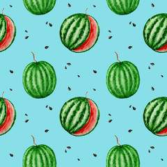 Wassermelonenfrucht nahtlose Muster Aquarell handgezeichnete Illustration, frisches gesundes Essen - natürliche Bio-Lebensmittel-Gewebestruktur auf hellblauem Hintergrund. Scrapbook digitales Papier