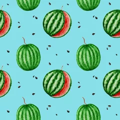 Foto op Plexiglas Watermeloen Watermeloen fruit naadloze patronen aquarel hand getekende illustratie, verse gezonde voeding - natuurlijke natuurvoeding stof textuur op lichtblauwe achtergrond. Scrapbook digitaal papier