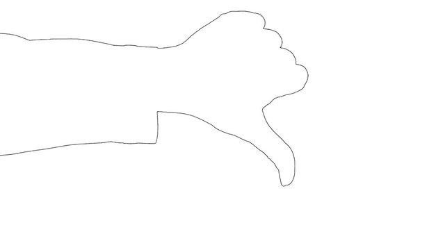 Outline sketch of showing thumb down gesture sign dislike on white background.