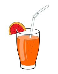 orange cocktail in a glass with a tube and a slice of grapefruit. isolated hand drawing on a white background.