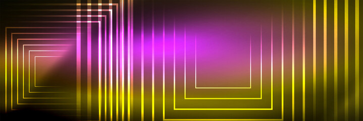 Shiny neon glowing techno lines, hi-tech futuristic abstract background template with square shapes