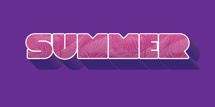 SUMMER extrude pink inscription with tropical leaves on purple background. Vector illustration with typography for shirt, summer sale banner, discount, flyer, invitation, poster.