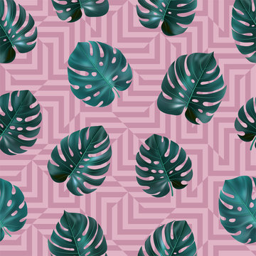 Tropical seamless pattern with green leaves monstera on pink geometric background. Vector template for textile, wallpaper, sites, card, fabric, web design.