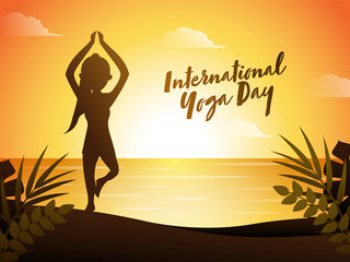 Silhouette Girl Practicing Vrikshasana (Tree) Pose with Leaves on Sunrise Background for International Yoga Day.