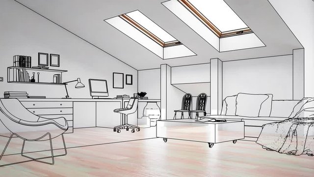 Modern Attic Studio Furnishings - loopable 3d visualization