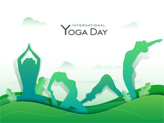 Paper Cut Illustration of Women Doing Yoga in Different Poses with Green Leaves for International Yoga Day.