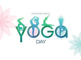 International Yoga Day Text with Paper Cut Illustration of Women Doing Yoga Asanas on Flower White Background.
