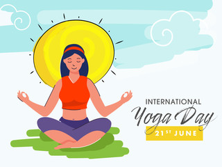 Young Girl Meditating in Lotus Pose with Creative Sun on Abstract Background for 21st June, International Yoga Day.