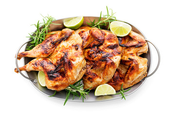 Spatchcocked barbecue chicken for family dinner isolated on white background