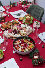 Christmas dinner table with traditional Turkish Cuisine food and red new year concept.