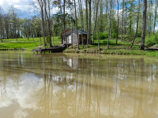 Obraz premium spring landscape with tree silhouettes, green grass and a small pond, reflections of clouds and trees in the water