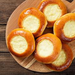 Patties with cottage cheese . Russian pastry (vatrushka) top view