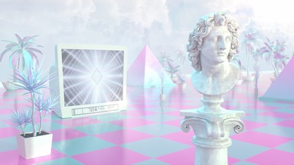 Aesthetic Vaporwave Statue with Retro CRT TV and Mall Palm Plants - Abstract Background Texture