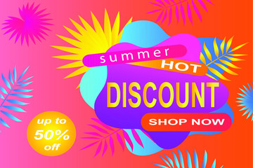 Summer sale banner, poster with discount for hot season banner with tropical leaves. Invitation for online shopping with 50 percent price off, special offer card,template for design