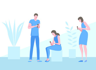 Fototapeta premium 3 people look at their phones with indifference.
