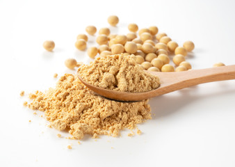 Japanese Kinako and soybeans in a spoon on a white background