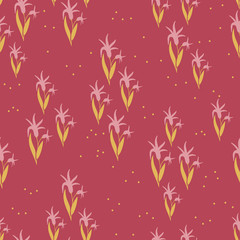 Fototapeta na wymiar Abstract meadow, garden pattern with one type of flower with texture. Pink and yellow plants on red background. Floral backdrop. Seamless template. Fabric, wrapper, decor swatch. Simple design.