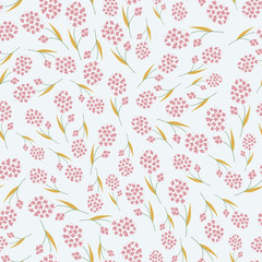 Pink flowers scattered randomly on a white background. Floral pattern seamless. Varied plant size. Fabric, wrapper, decor, surface swatch. Endless template. 