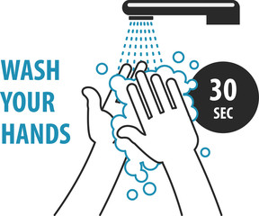 Lettering Wash your hands. Hand wash with soap bubbles under water for the prevention of viruses, coronavirus. Flat infographics. Vector illustration of black color on a white background.