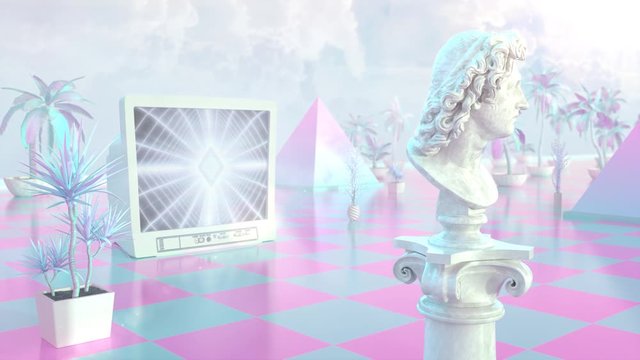 Aesthetic Vaporwave Statue with Retro CRT TV and Mall Palm Plants - 4K Seamless Loop Motion Background Animation