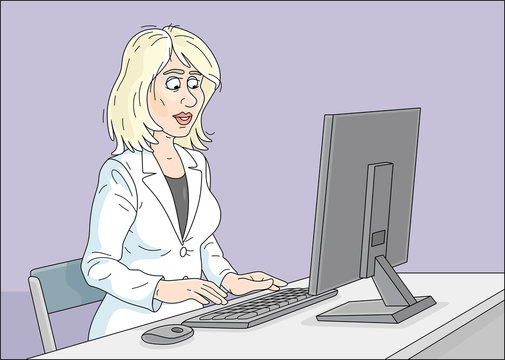 blonde woman working on computer clip art preview