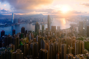 Fototapeta premium sunlight view skyline cityscape at hongkong