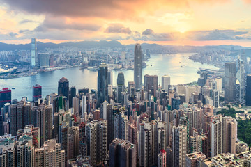 topview skyline sunrise hongkong city - obrazy, fototapety, plakaty