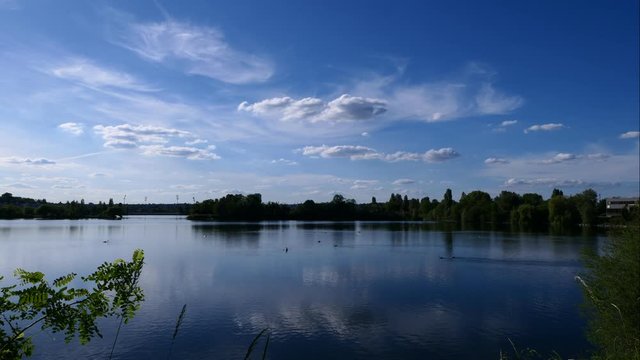 Time lapse of white cumulonimbus clouds, which parade in a blue sky above a lake. Rural scene on a sunny day. Swan passages on the water. Forest in the background.