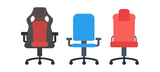 3 Types of chairs vector illustration pack containing ergonomic chair, executive luxury office chair, and gaming chair