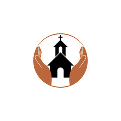 Church logo. Church and hands, christian symbol isolated on white background