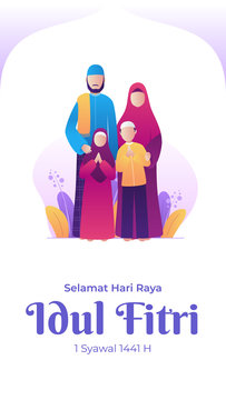 Asian happy muslim family of parents and children greeting celebrating Eid-al-fitr for potrait banner illustration