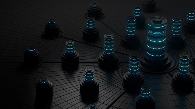 Dark 3d render of abstract storage concept.  Server or data centralisation processing. Loopable animation.