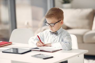 Business theme. Child in a business style. Little boy with a laptop.