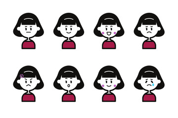女の子の表情アイコンセット（赤）