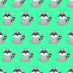 Cartoon cute raccoon. Vector illustration for children. Seamless pattern.