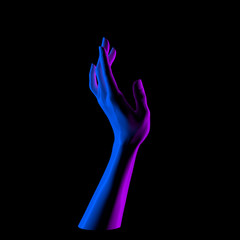 Obraz premium Elegant female hand gesture in neon duotone light on black, abstract mannequin hand 3d rendering.