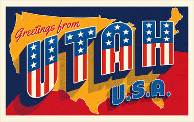 Greetings from Utah USA. Retro postcard with patriotic stars and stripes lettering and United States map in the background. Vector illustration.