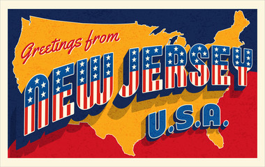 Greetings from New Jersey USA. Retro postcard with patriotic stars and stripes lettering and United States map in the background. Vector illustration.