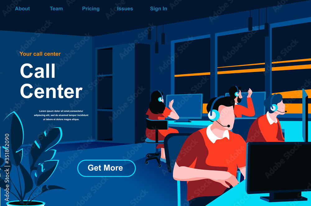 Poster call center isometric landing page. hotline operators with headsets in office website template. onli