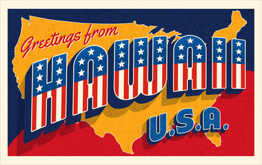 Naklejka premium Greetings from Hawaii USA. Retro postcard with patriotic stars and stripes lettering and United States map in the background. Vector illustration.