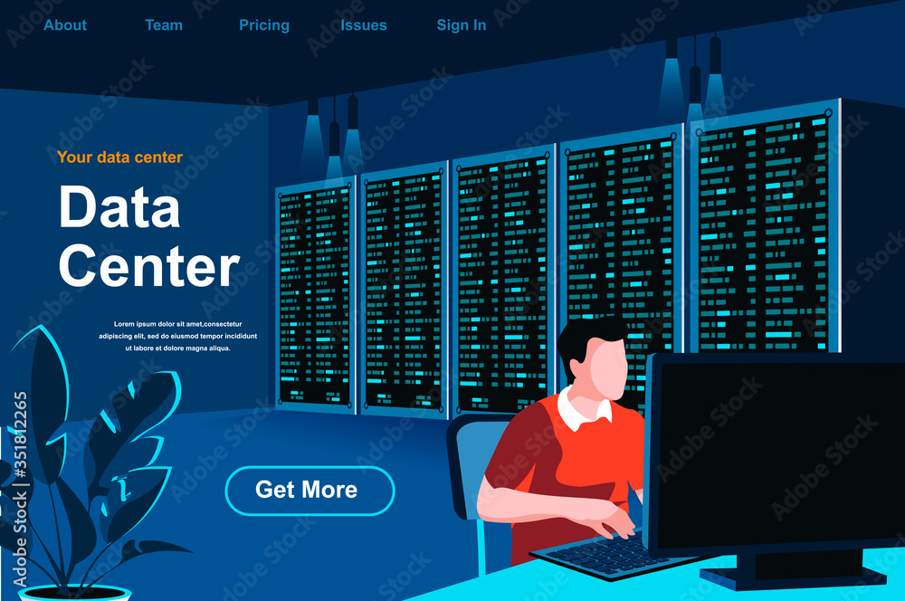 Poster Data center isometric landing page. Technician working in server room at data center website template. Hosting platform management, data storage and administration perspective flat vector illustration
