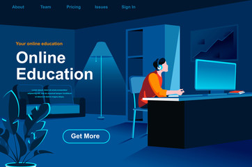 Online education isometric landing page. Man studying with computer at workplace website template. Distance learning, online webinar, courses and skill development perspective flat vector illustration