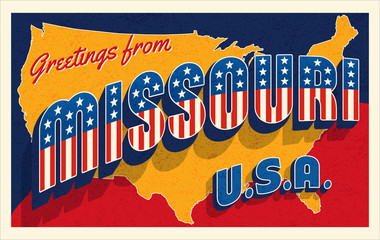 Greetings from Missouri USA. Retro postcard with patriotic stars and stripes lettering and United States map in the background. Vector illustration. © TeddyandMia