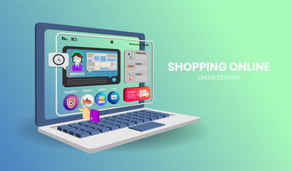 online shopping with computer Vector for banner