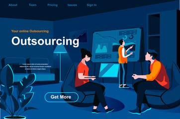 Outsourcing service isometric landing page. Developer and designer working with laptop in office website template. Professional and qualified outside resourcing perspective flat vector illustration.