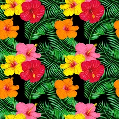  Palm leaves and hibiscus flowers on a black background. Tropical seamless pattern design for wallpaper, textile, fabric. © Ilona