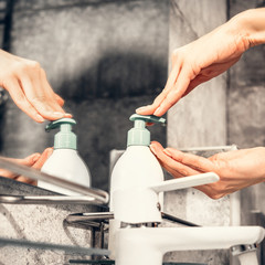 Coronavirus. Proper washing and handling of hands. Jar of liquid anti-bacterial soap. Self-isolation and hygiene.