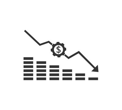 Dollar rate decrease vector line icon. Money symbol with down arrow. Lower cost icon. Financial crisis vector icon, Lower cost icon, Business lost crisis decrease vector illustration. Editable stroke.