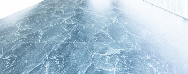 3d rendering of marble floor with grid line and shiny reflection with clear glass door in perspective view, clean and new condition use to background.